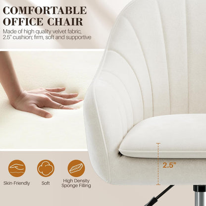 Vanity Chair with Wheels, Comfy Home Office Desk Chairs Adjustable Modern Velvet Makeup Vanity Chairs for Bedroom Living Room-Beige4