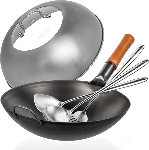 Carbon Steel Wok Pan - 14 in Woks and Stir Fry Pans - Chinese Wok with round Bottom Wok + Wok Lid 13.6 Inch - Premium Stainless Griddle Dome + 17" Wok Spatula and Ladle and Turner1