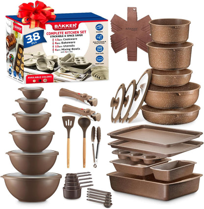 Bakken Master 38 Piece Granite Cookware and Bakeware Set – Nonstick Granite Coating, Pots and Pans with Detachable Handles and Tempered Glass Lids, 6-Piece Bakeware Set, 12-Piece Mixing Bowls,Brown1