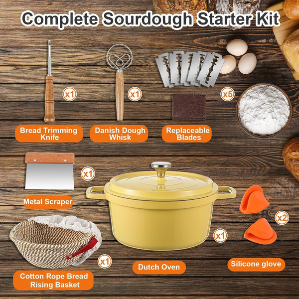 7 Pack Sourdough Bread Baking Supplies Kit Includes Dutch Oven for Bread Baking 5Qt Pan Pot, Bread Proofing Basket, Scoring Lame, Dough Whisk3