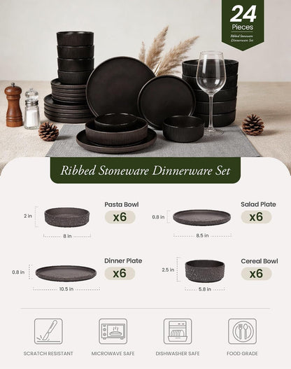 24-Piece Dinnerware Set for 6 with Bowl, Ribbed Stoneware Plates and Bowls Sets, Unique Handcrafted Reactive Glaze, Chip and Scratch Resistant Dish Set, Microwave & Dishwasher Safe, Black3