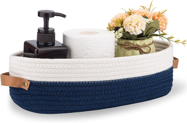 Toilet Basket,Woven Storage Basket for Toilet Tank Top Farmhouse Home Decor Organizing Baskets 13"X5.9"X4" Navy Stitching White1