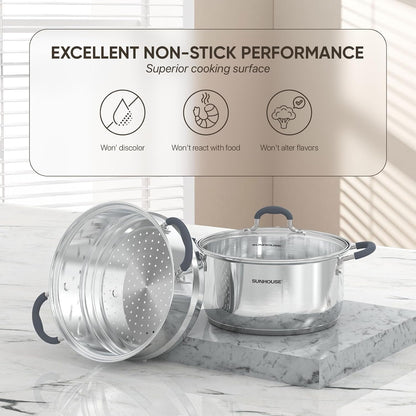: 2-Tier Stainless Steel Steamer Pots - 3.1 Quart - Tempered Glass Lid, 3-Ply Bottom, Vegetable-Dumpling-Food Cookware, Dishwasher & Oven Safe | Steaming Pot with Glass Lid & Steamer Basket4