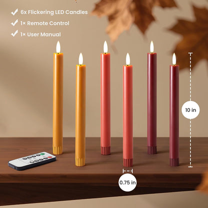 Fall Flameless Taper Candles with Remote and Timer, 10" 6Pk LED Candlesticks, Battery Operated Thanksgiving Candles with 3D Flickering Flame, Bordeaux, Terra Cotta & Caramel (Autumn Harvest)5
