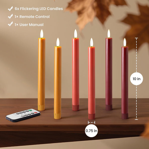Fall Flameless Taper Candles with Remote and Timer, 10" 6Pk LED Candlesticks, Battery Operated Thanksgiving Candles with 3D Flickering Flame, Bordeaux, Terra Cotta & Caramel (Autumn Harvest)5