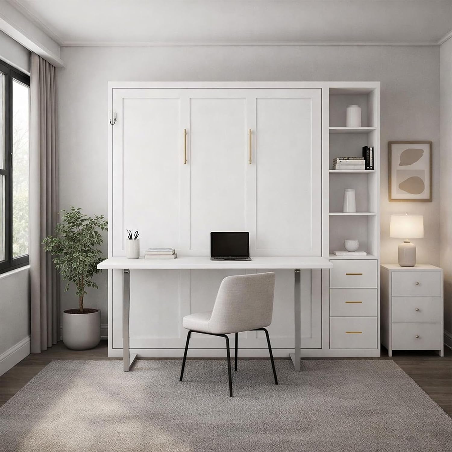 queen-size-murphy-bed-with-desk-and-single-side-cabinet-white-wall-bed-with-bookcase-shelves-3-drawers-automatic-legs-hydraulic-assist-space-saving-bed-for-bedroom-guest-room-home-office