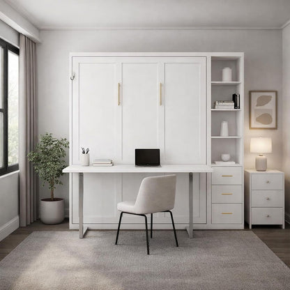 Queen Size Murphy Bed with Desk and Single Side Cabinet, White Wall Bed with Bookcase Shelves, 3 Drawers, Automatic Legs, Hydraulic Assist, Space Saving Bed for Bedroom,Guest Room,Home Office1