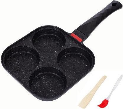 4-Cup Nonstick Egg Frying Pan Gas & Induction Omelette Skillet | Black 4-Hole Non Stick Egg Pan with 1 Spatula and 1 Brush. Perfect for Morning Pancakes, Bacon, and Quick Breakfast.1