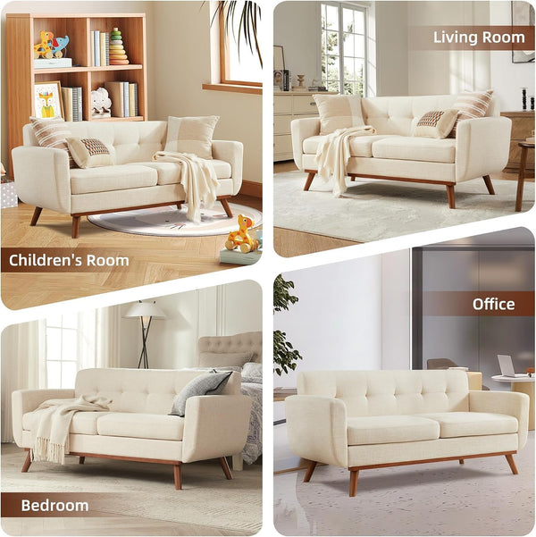 65.2" W Loveseat Sofa, Mid Century Modern Decor Love Seat Couches for Living Room, Button Tufted Upholstered Furniture, Easy to Install Small Couch for Bedroom Office Apartment, Beige6