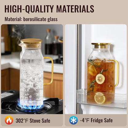 2 Pack 2 Liter/68 Oz Square Glass Pitcher with Lid, Classic Stripes Water Pitchers with Handle for Fridge, Large Jug for Iced Tea, Coffee, Borosilicate Glass Carafe for Hot/Cold Brew Drink, Gold4