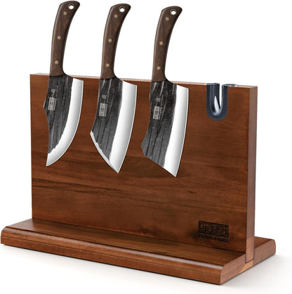 3-Piece Kitchen Knife Set: Heavy Duty Butcher, Bone Chopper, Meat Cleaver & Viking Knife with Double-Sided Magnetic Knife Holder Rack for Kitchen Counter1