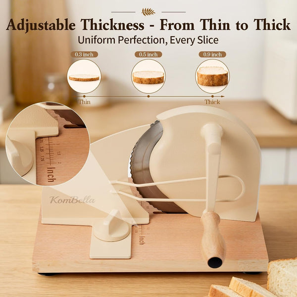 Sourdough Bread Slicer for Homemade Bread, Manual Hand Crank Bread Cutter with Adjustable Thickness for Even Slices, Slicing Guide & Protective Blade Shield, Wood Base with Suction Cups(Beige)5
