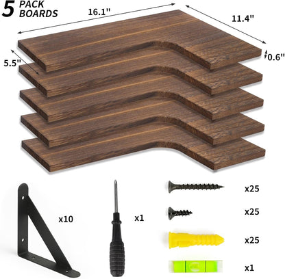 Conner Floating Shelves for Wall Decor, Dark Carbonized Black 5Pcs | Solid Wood Shelf with Metal Brackets, Holds 40 Lbs. Optimizes Corner Storage. Fits Bathroom, Kitchen, Bedroom & Living Room.4