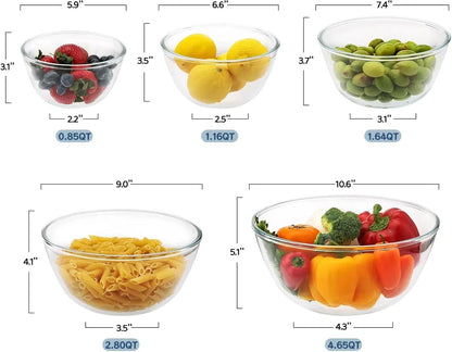 5Pc Glass Mixing Bowls Sets (4.65QT, 2.80QT, 1.64QT, 1.16QT, 0.85QT), Glass Nesting Kitchen Thick Bowl for Baking, Cooking Prep, Storage, Large Salad Bowls Sets-Dishwasher Microwave Freezer Safe6