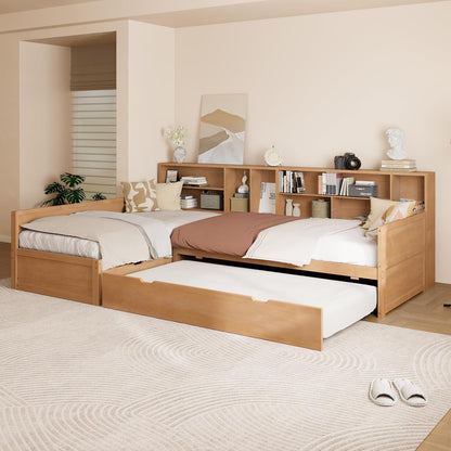 Twin Wooden L-Shaped Daybed with Trundle and Storage Drawer, Natural3