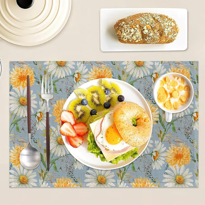 Daisy Placemats Set of 6 Linen Washable, Heat-Resistant 12X18 Inchyellow and White Flowers Plantstable Place Mats for Kitchen Dining for Home Party Holidays2