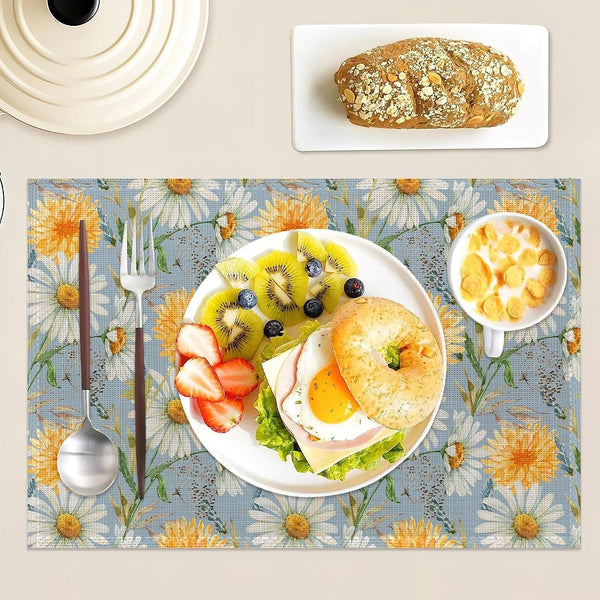 Daisy Placemats Set of 6 Linen Washable, Heat-Resistant 12X18 Inchyellow and White Flowers Plantstable Place Mats for Kitchen Dining for Home Party Holidays2