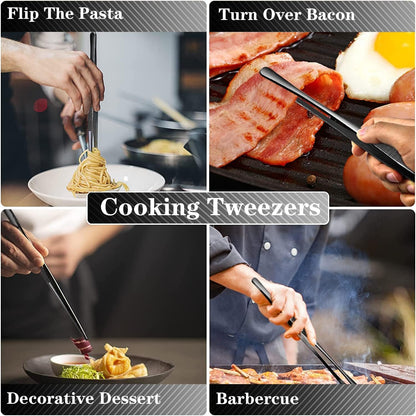 2 Pcs 12-Inch Kitchen Tweezers Tongs with Precision Serrated Tips, Stainless Steel Chef Tweezer Professional Cooking Tweezers for BBQ, Plating and Serving (12-Inch, Black)5