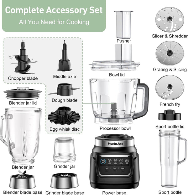 14-In-1 Food Processor Blender Combo, All-In-One Kitchen Blender | Blender for Smoothies, Ice Crush, Dough Make, Whip, Chop, Grind, Grate Cheese, Slice, Shred, French Fry Cut, Dishwasher Safe7