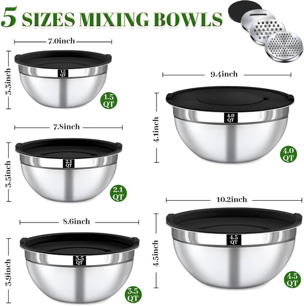 8PCS Mixing Bowls with Lids Set - 5 Nesting Mixing Bowls, 3 Grater Attachments, Lids, Stainless Steel Mixing Bowls for Mixing & Serving, Size 1.5/2.1/3.5/4/4.5 QT, Black2