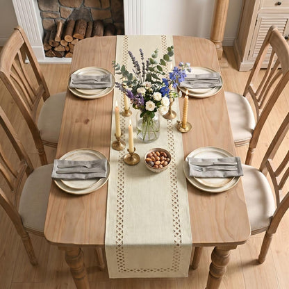 Beige Rustic Geometric Hollow Table Runner, Seasonal Washable Kitchen Dining Table Decoration for Home Party Decor 13X90 Inch3