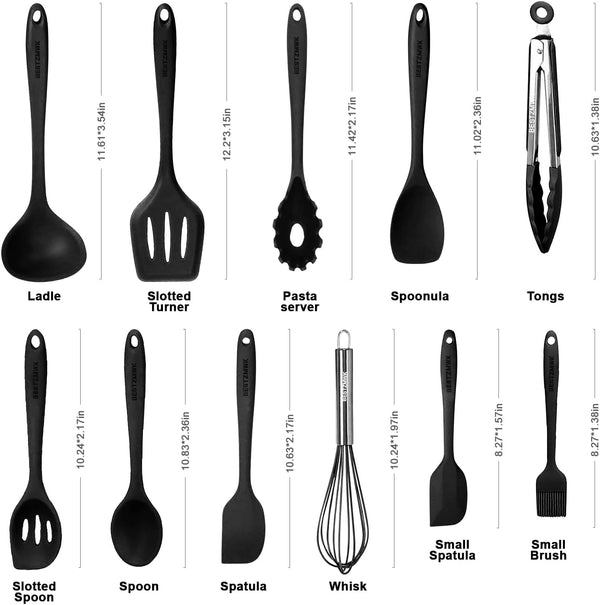 Kitchen Utensil Set - 11 Cooking Utensils - Colorful Silicone Kitchen Utensils - Nonstick Cookware with Spatula Set - Colored Best Kitchen Tools Kitchen Gadgets (Black)2