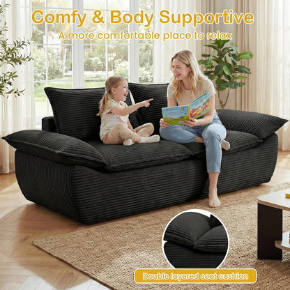 56" Boneless Loveseat Sofa, 2-Seater Black Boneless Sofa with Removable Cushions & 2 Pillows, Small Couch Boneless Compress Foam Sofa for Living Room, Apartments, & Office4