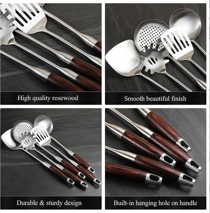 Stainless Steel Cooking Utensils Set with Wooden Handle, 5-Piece Heat Resistant Kitchen Utensil Tool for Cookware Set -Spatula, Turner, Spaghetti Server, Skimmer Spoon, Soup Ladle9