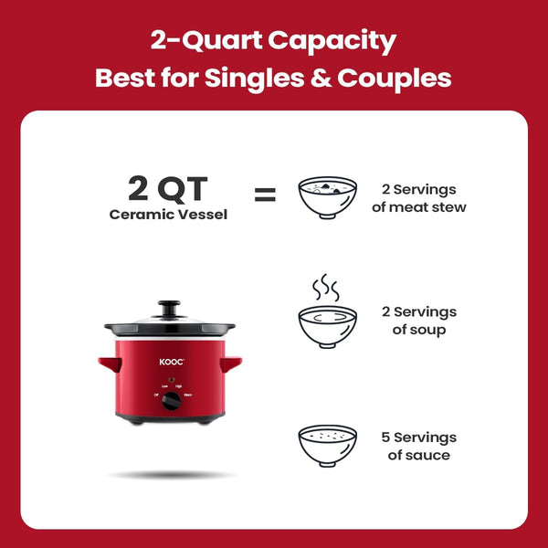 Small Slow Cooker, 2 Quart, Free Liners Included for Easy Clean-Up, Upgraded Ceramic Pot, Adjustable Temp, Nutrient Loss Reduction, Stainless Steel, Red, Round3