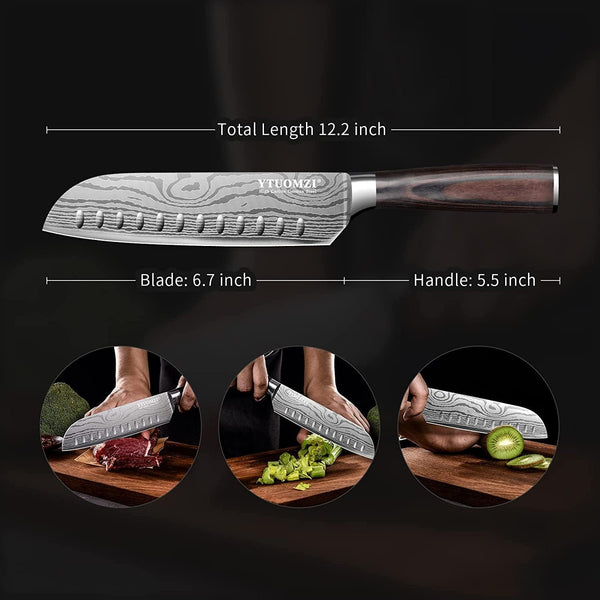 7" Santoku Knife with Blade Guard, Hollow Edge Chef'S Santoku Knife 7-Inch Stainless Steel Japanese Chefs Knife for Kitchen Vegetables Fruits Meat, Ergonomic Pakkawood Handle, Gift Box2