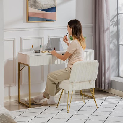 Vanity Chair with Storage | Comfy Ottoman with Folding Back | Faux Fur Vanity Stool with 4 Metal Legs for Make up | Furry Padded Seat with Anti-Slip Feet for Bedroom Dressing Room | White2