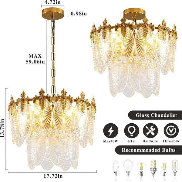 Antique Chandeliers 2-Layer Gold Crystal Glass Chandelier, 4-Light round Pendant Light 17.7" Brushed Brass Adjustable Height, Applicable to Dining Room, Bedroom, Living Room, Foyer, Kitchen Island3