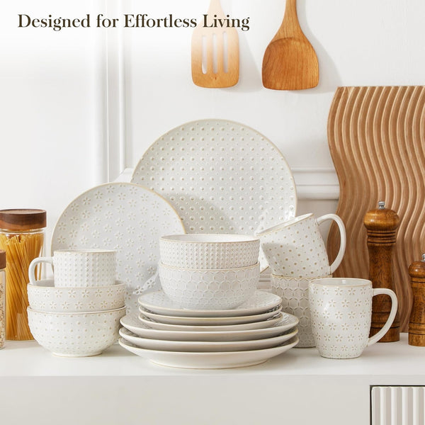 16 Pieces Dinnerware Set, Farmhouse Style Stoneware Plates and Bowls Sets for 4, Embossed Boho Ceramic Dish Set with Mugs, Microwave & Dishwasher Safe, Series LYDIA8