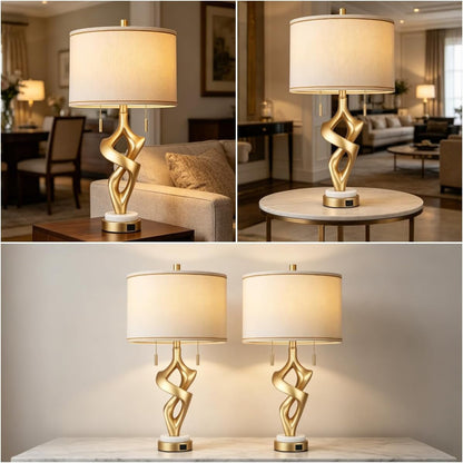 Gold Table Lamps for Living Room Set of 2, Modern Nightstand Lamps with Marble Base & Charging Ports, Rustic Resin Table Lamp for Bedrooms with Pull Chains Switch, 4 X Bulbs Included, 26"2