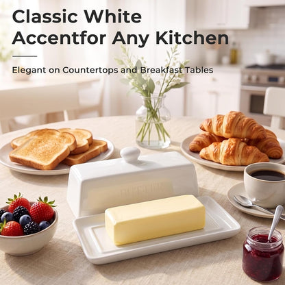Butter Dish with Lid, Butter Dish with Lid for Countertop,7.6" X 3.3" Butter Tray,Butter Holder for 1 Stick.Textured Tray Butter Keeper for Non Slip Storage,Ceramic - White4