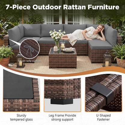 Patio Furniture Set with Rain Cover,7 Pieces Outdoor Wicker Rattan Patio Furniture, Wicker Rattan Outdoor Sectional Sofa Set with Coffee Table for Garden, Poolside Taupe-Grey2