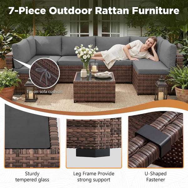 Patio Furniture Set with Rain Cover,7 Pieces Outdoor Wicker Rattan Patio Furniture, Wicker Rattan Outdoor Sectional Sofa Set with Coffee Table for Garden, Poolside Taupe-Grey2