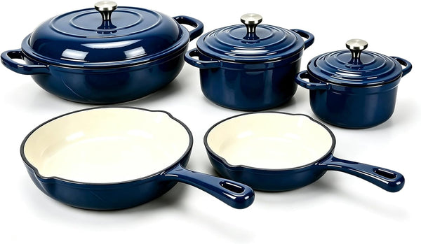 5-Piece Navy Blue Enameled Cast Iron Cookware Set | Includes 8" Frying Pan, 10" Skillet, 2.8QT and 3.5QT Dutch Ovens, and 4.7QT Casserole.1