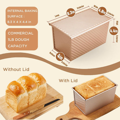 Pullman Loaf Pan with Lid, 1 Lb Dough Capacity Non-Stick Bakeware for Baking Bread, Carbon Steel Corrugated Bread Toast Box Mold with Cover for Baking Bread, Gold4