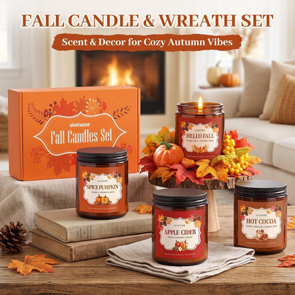 Fall Candles Gift Set with Wreath, 4 Pack, 7 Oz Each6