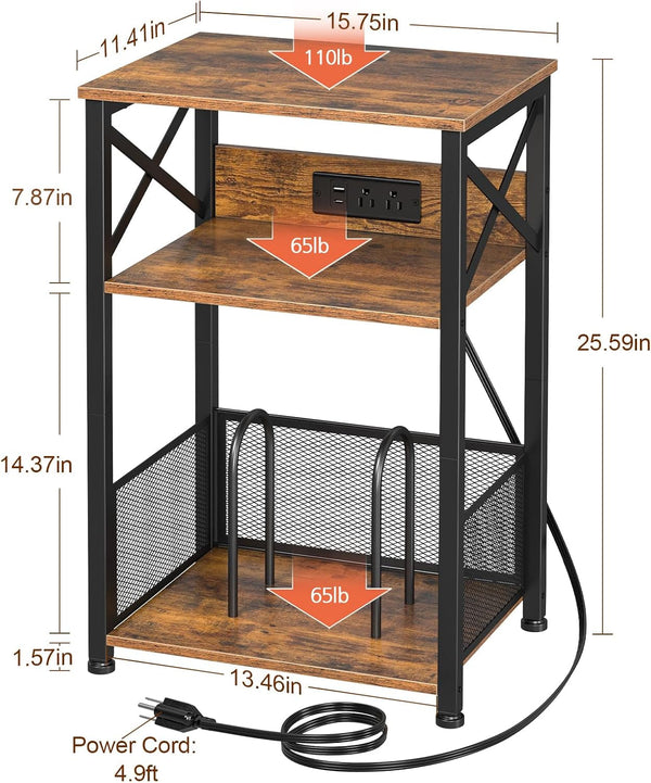 Record Player Stand with Charging Station, Vinyl Record Storage | Turntable Stand with Type-C, Vinyl Record Player Table Holds 100 Albums, 3 Tier End Table Living Room, Rustic Brown4