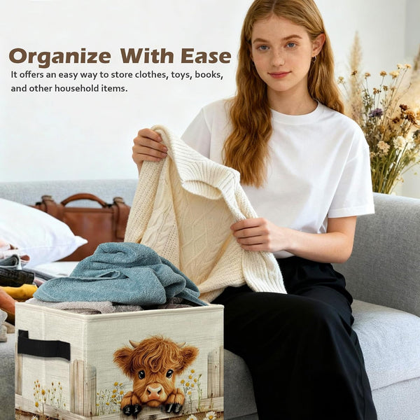Farmhouse Highland Cow Storage Box Bins, Rustic Daisy Floral Heifer Collapsible Storage Basket Organizer for Girls Bedroom Laundry Room Home Clothes Books, Decor for Room5