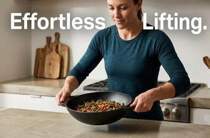 12 Inch Pre-Seasoned Cast Iron Skillet - Wok round Bottomed Frying Pan with Assist Handles,Tempered Glass Lid, Cast Iron Scrubber,Silicone Oven Mitts for Home Baking4
