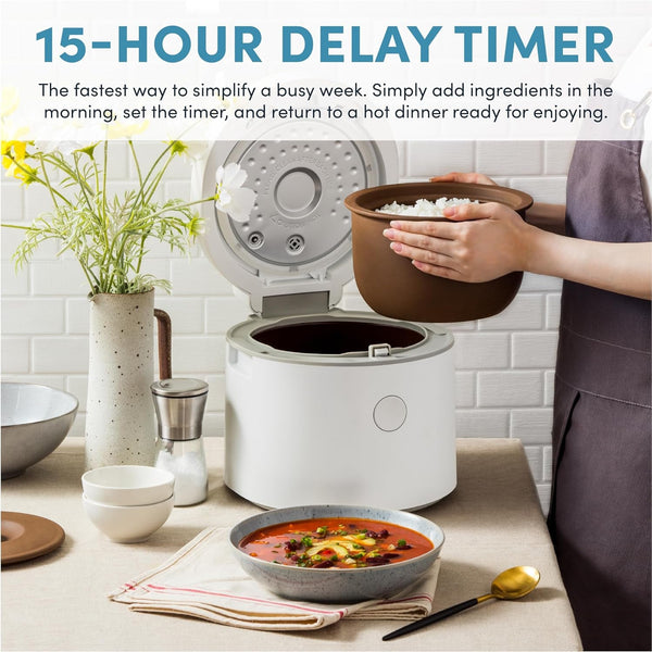® Professional Rice Cooker with Purple Clay Cooking Pot, 6-Cup (Uncooked) / 12-Cup (Cooked), Healthy Grain Multicooker, Natural Ceramic, 3 Qt, White, ARC-7206P3