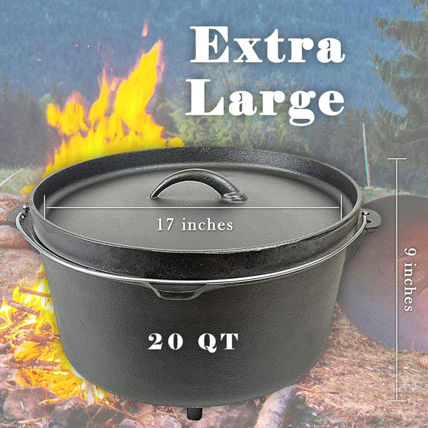 20QT Cast Iron Dutch Oven with Lip Lid & Bail Handle – Extra Large Pre-Seasoned Campfire Pot for Outdoor Cooking, Baking, Roasting & Stews – Heavy-Duty Cookware for Camping & Backyard Use | Extra Large, Pre-Seasoned, Campfire Pot for Outdoor Cooking, Heavy-Duty Cookware, for Camping & Backyard Use2