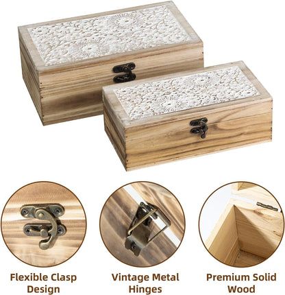 Rustic Farmhouse Wood Decorative Boxes, Set of 2 Keepsake Box Wooden Box with Hinged Lid and Floral Carved Design, Decorative Boxes for Home Decor (Brown)3