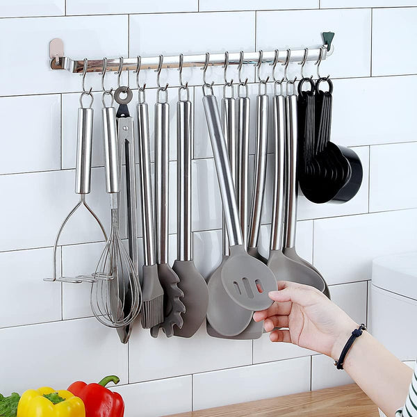 38 Piece Silicone Kitchen Cooking Utensils Set with Utensil Rack, Silicone Head and Stainless Steel Handle Cookware, Kitchen Tools for Utensil Sets, Non-Stick Kitchen Gadgets, Dishwasher Safe(Silver)3