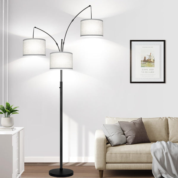 Dimmable Floor Lamp, 3 Lights Black Arc Floor Lamp, Modern Tall Standing Tree Lamp with Grey Linen Shades & Heavy Base, 3000LM LED Bulbs, Bright Lighting for Living Room, Bedroom, Office & Reading1