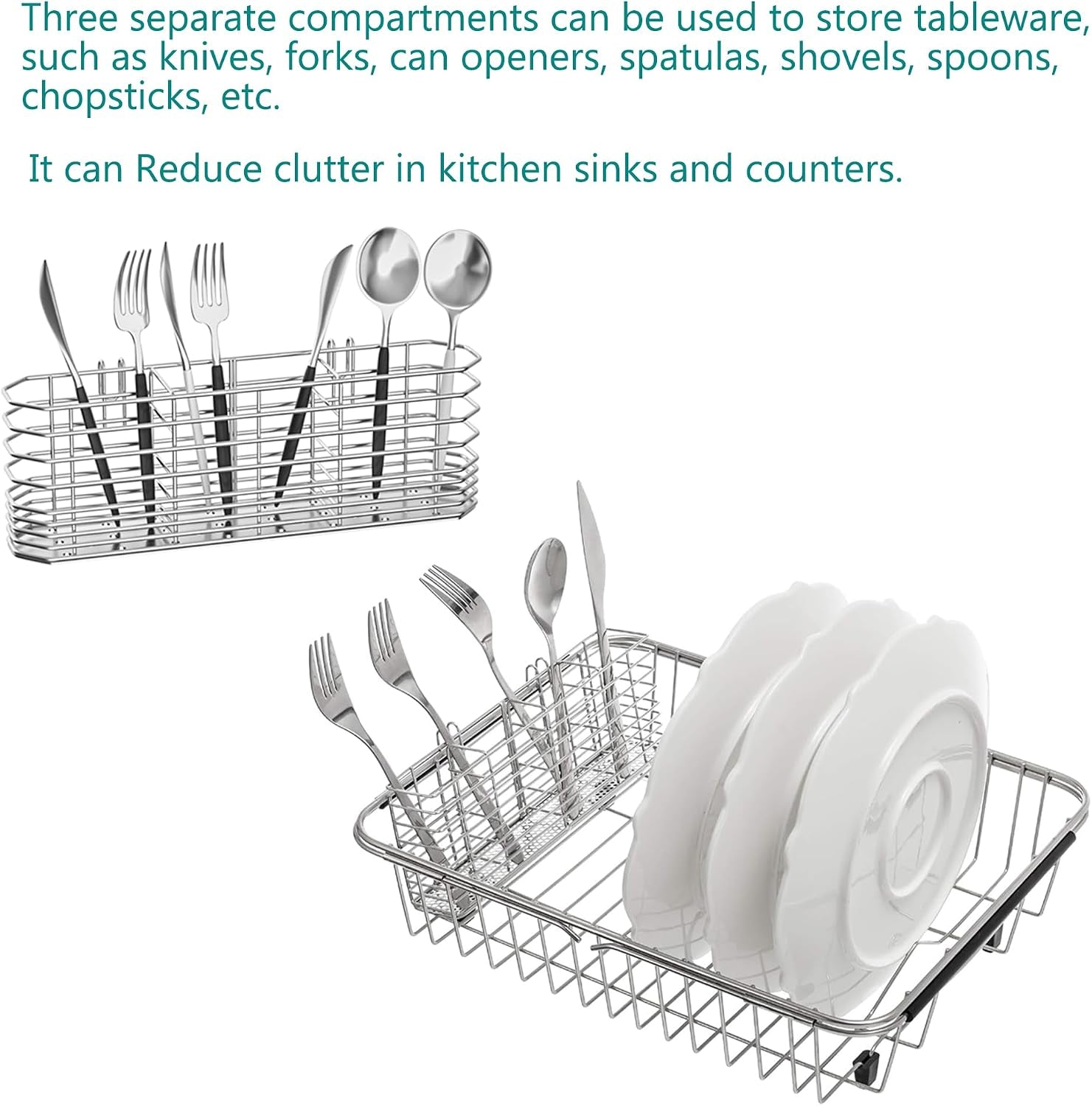 304-stainless-steel-utensil-holder-dish-drying-rack-kitchen-utensil-organizer-knife-and-fork-drainage-rack-kitchen-drainage-basket-accessories-with-hooks-rust-proof-color-silver