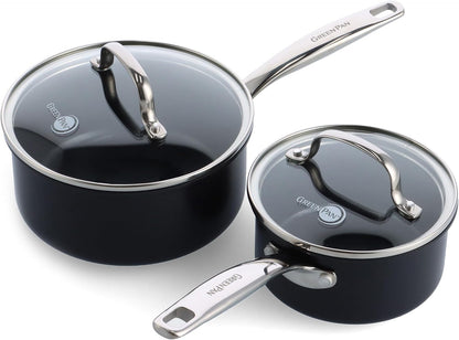 Prime Chatham 1QT & 2QT Saucepan Pot Set with Glass Lids, Hard Anodized Diamond Infused Ceramic Nonstick, Pfas-Free, Dishwasher Safe, Oven Safe, Multipurpose Chefs Pan, Stay-Cool Handle,Black1
